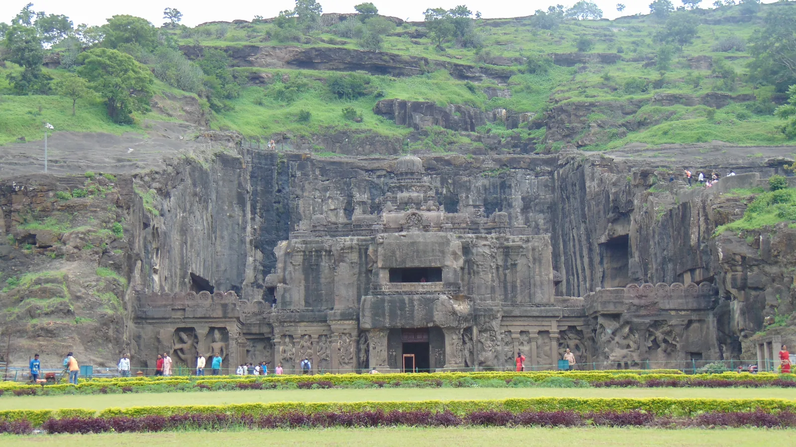 Front view of the rock-cut Kailasa Temple at Ellora in Maharashtra