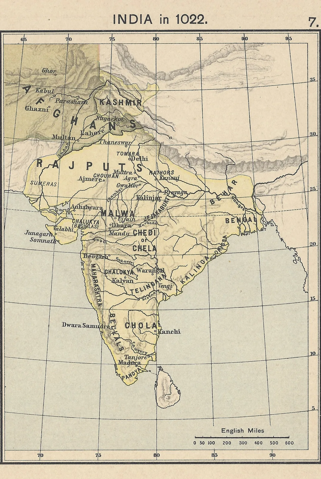 Historical atlas map of India in 1022 CE during the Chola period