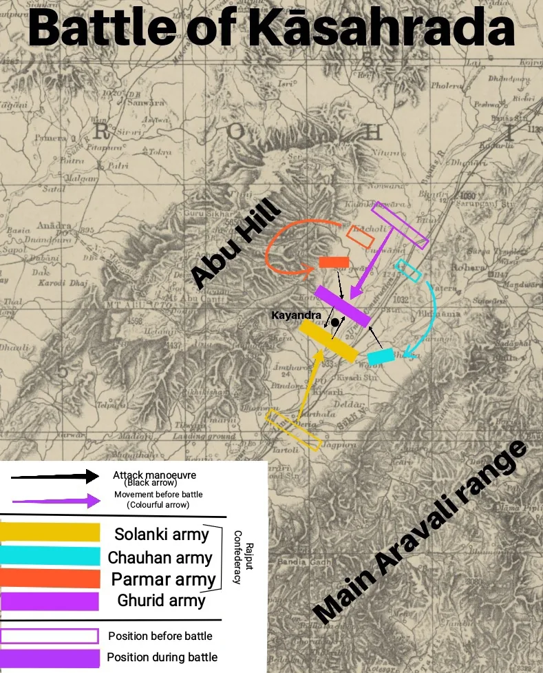 Modern reconstruction map of the Battle of Kasahrada between Ghurid and Chaulukya forces