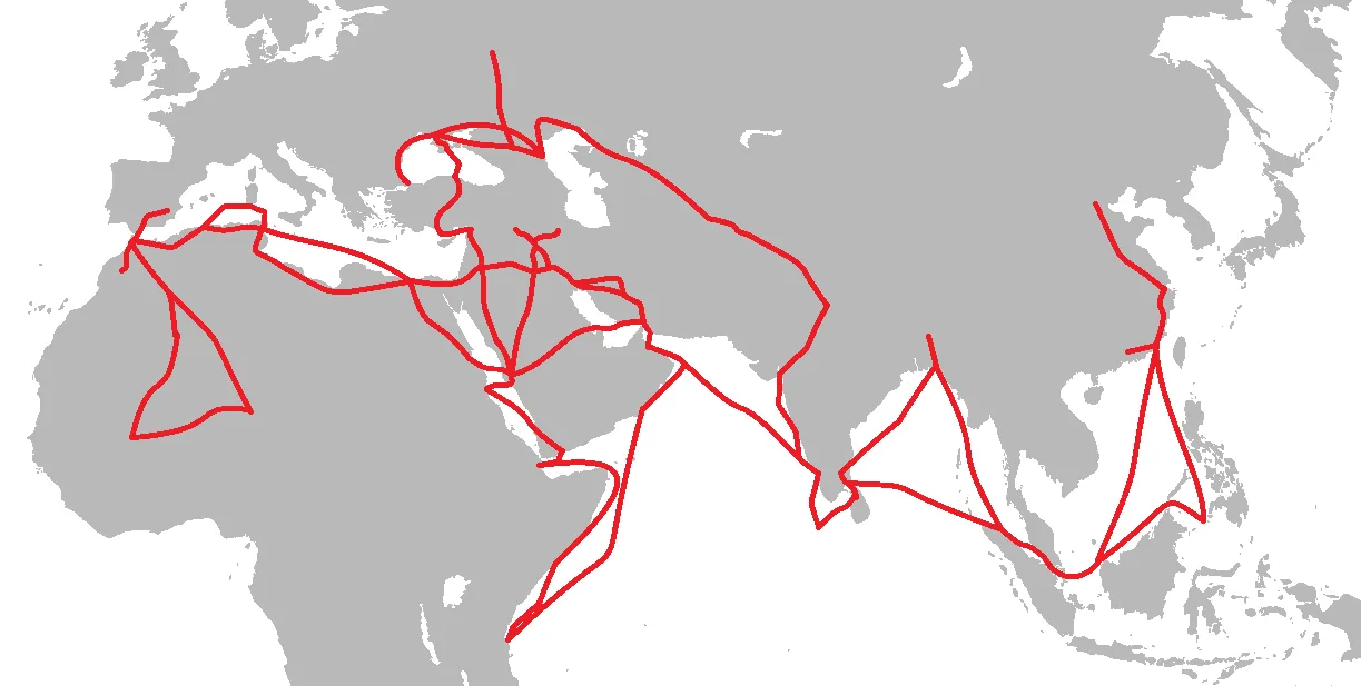 Modern map reconstructing the routes travelled by Ibn Battuta