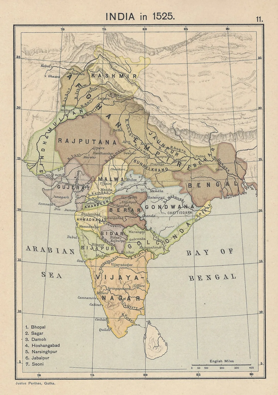 Historical atlas map of India in 1525 showing the political landscape after the fragmentation of the Bahmani realm
