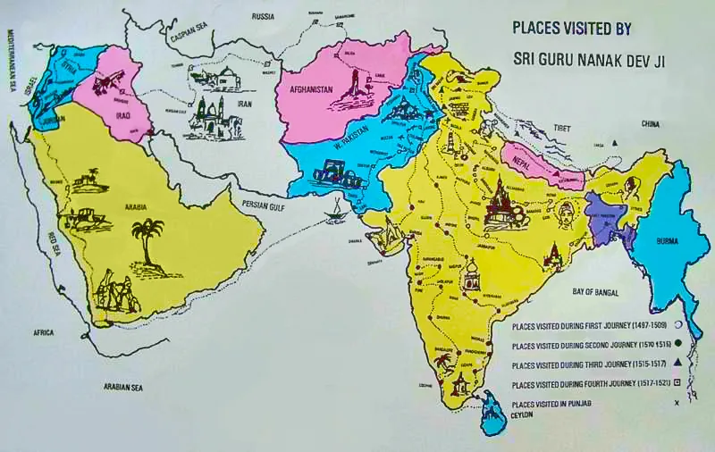 Modern thematic map depicting the four Udasis and other locations traditionally associated with Guru Nanak's travels