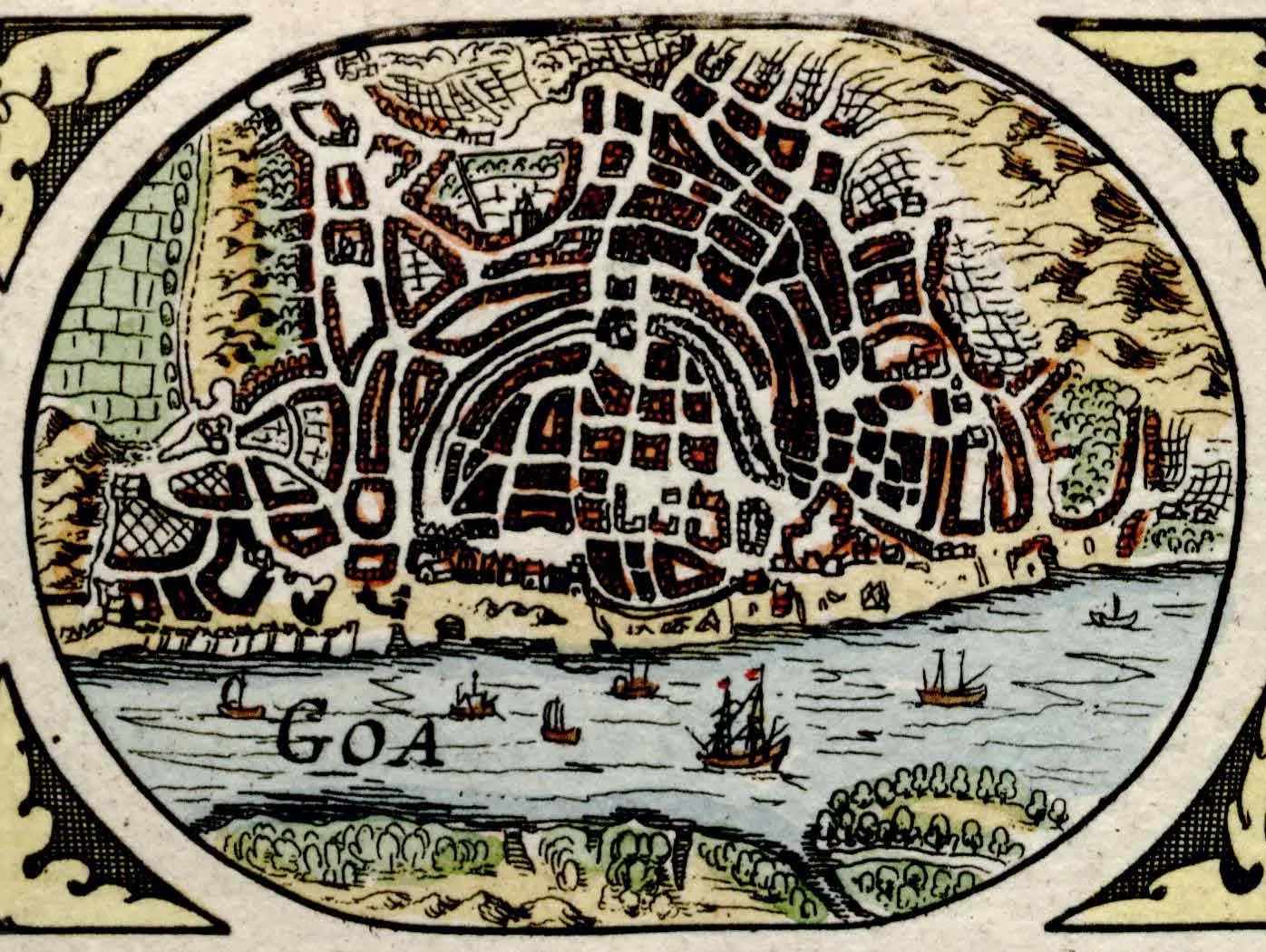 Seventeenth-century printed city view of Old Goa published by Willem Blaeu in 1617