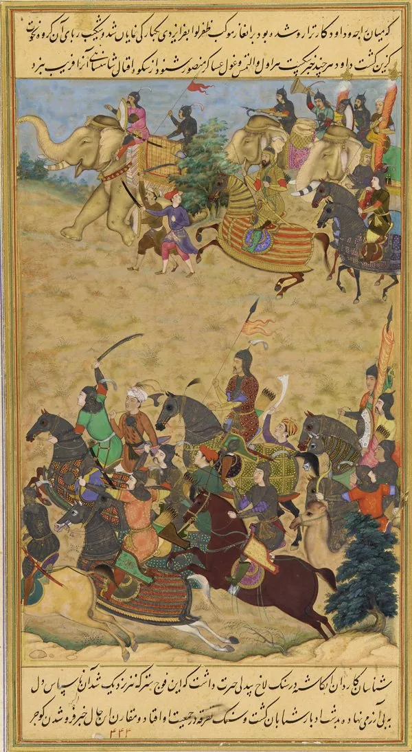 Mughal painting by Manohar depicting Mughal troops fighting the forces of Bengal Sultan Daud Khan Karrani