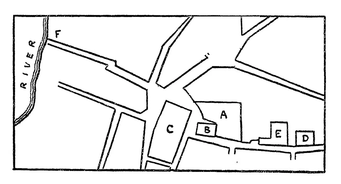Historical reconstruction map showing the East India Company factory and other sites in Surat in 1664