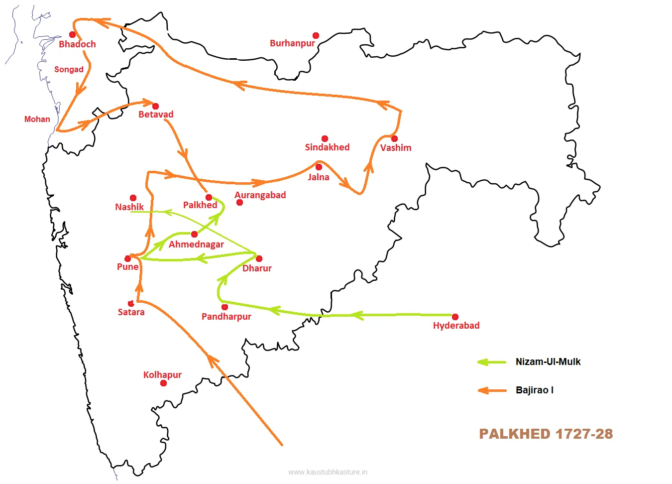 Modern reconstruction map showing the comparative movements of Baji Rao I and Nizam-ul-Mulk during the Palkhed campaign