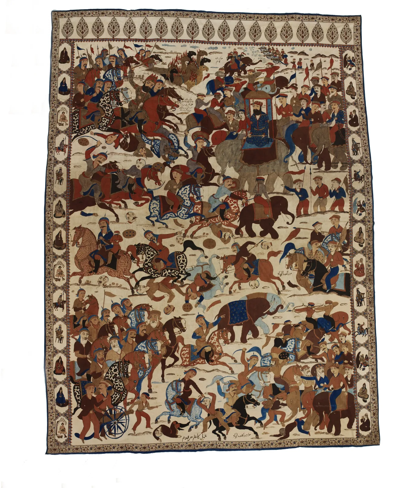Painted textile depicting Nader Shah's army defeating Muhammad Shah's forces at the Battle of Karnal