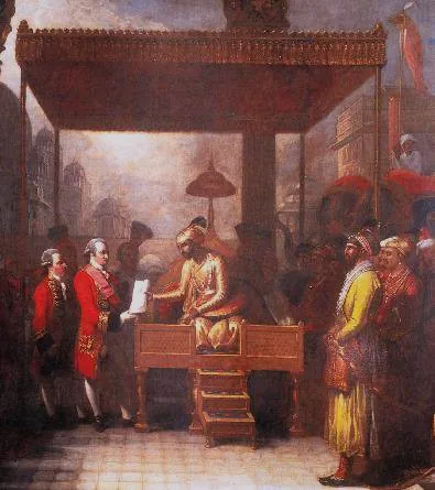 Historical artwork representing Robert Clive receiving Diwani rights from Mughal emperor Shah Alam II
