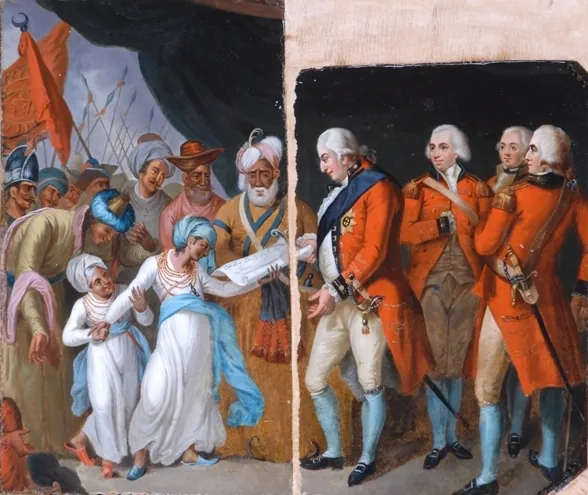 Mather Brown's 1792 painting of Lord Cornwallis receiving Tipu Sultan's sons as hostages after the Third Anglo-Mysore War