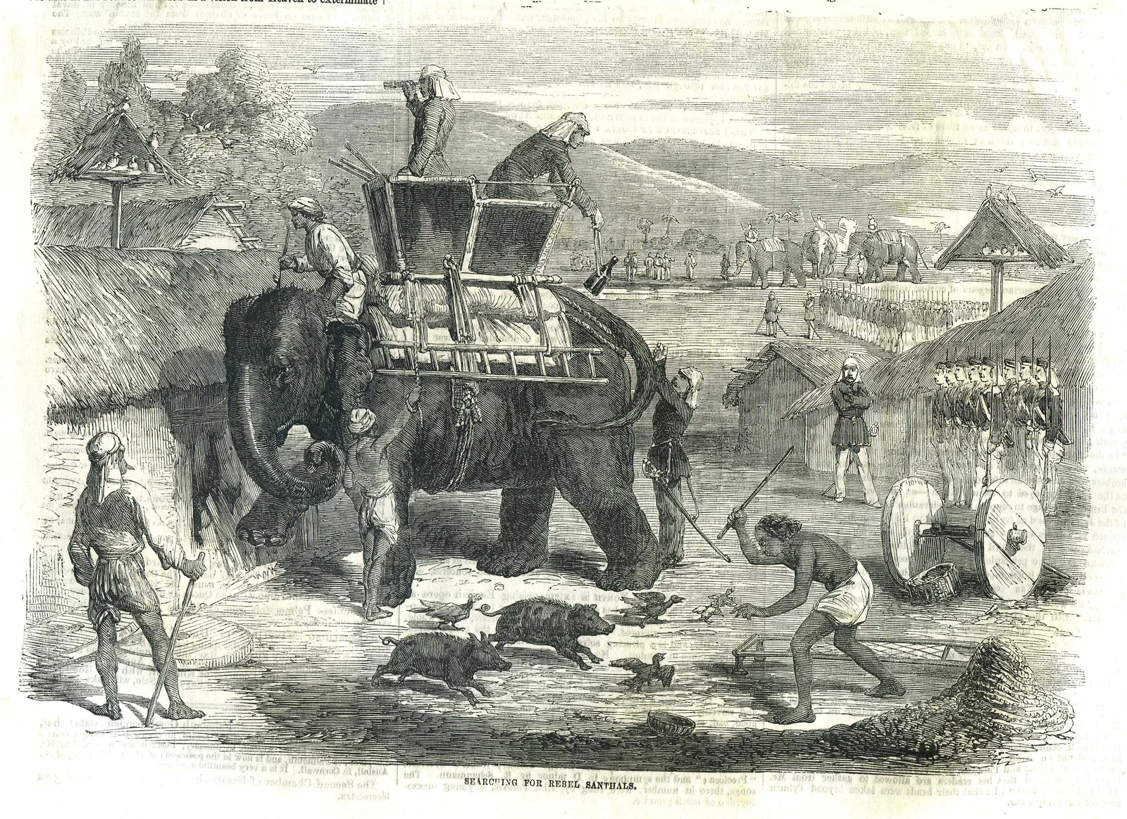 1856 Illustrated London News scene titled 'Searching for rebel Santhals'