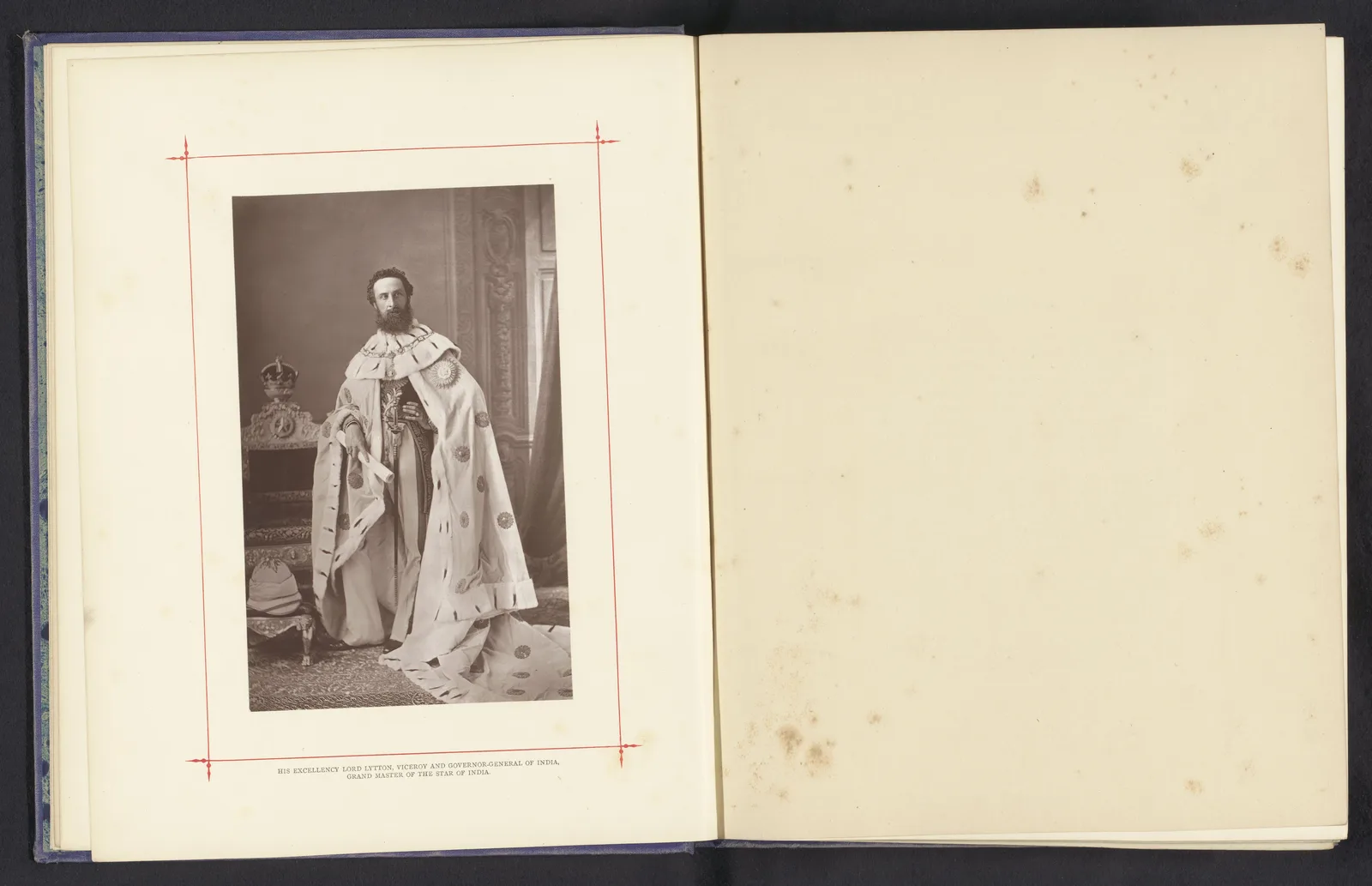 Rijksmuseum book page with a Woodburytype portrait of Lord Lytton, Viceroy of India, circa 1876–77