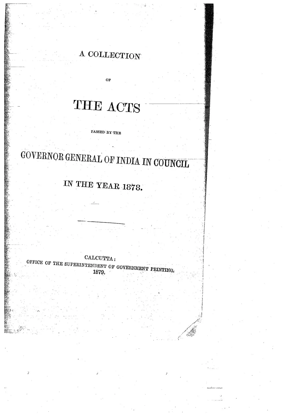 Title page of the official collection of Acts passed by the Governor General of India in Council in 1878
