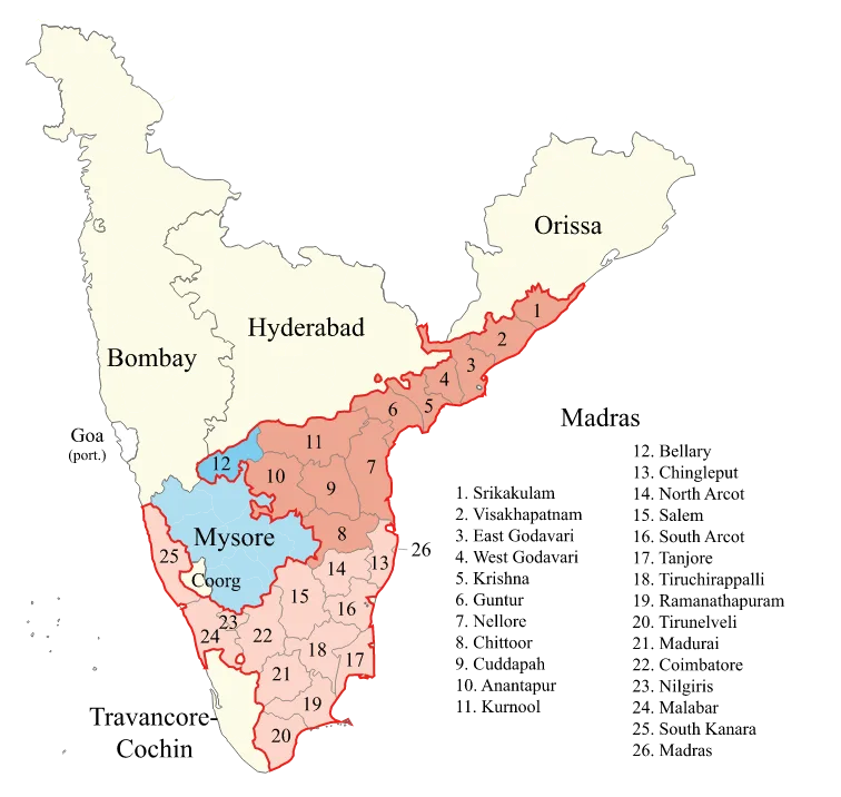 Map illustrating the creation of Andhra State in 1953