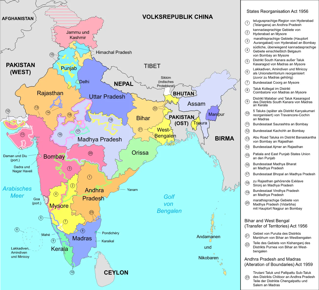 Map showing Indian state reorganisation under the States Reorganisation Act 1956