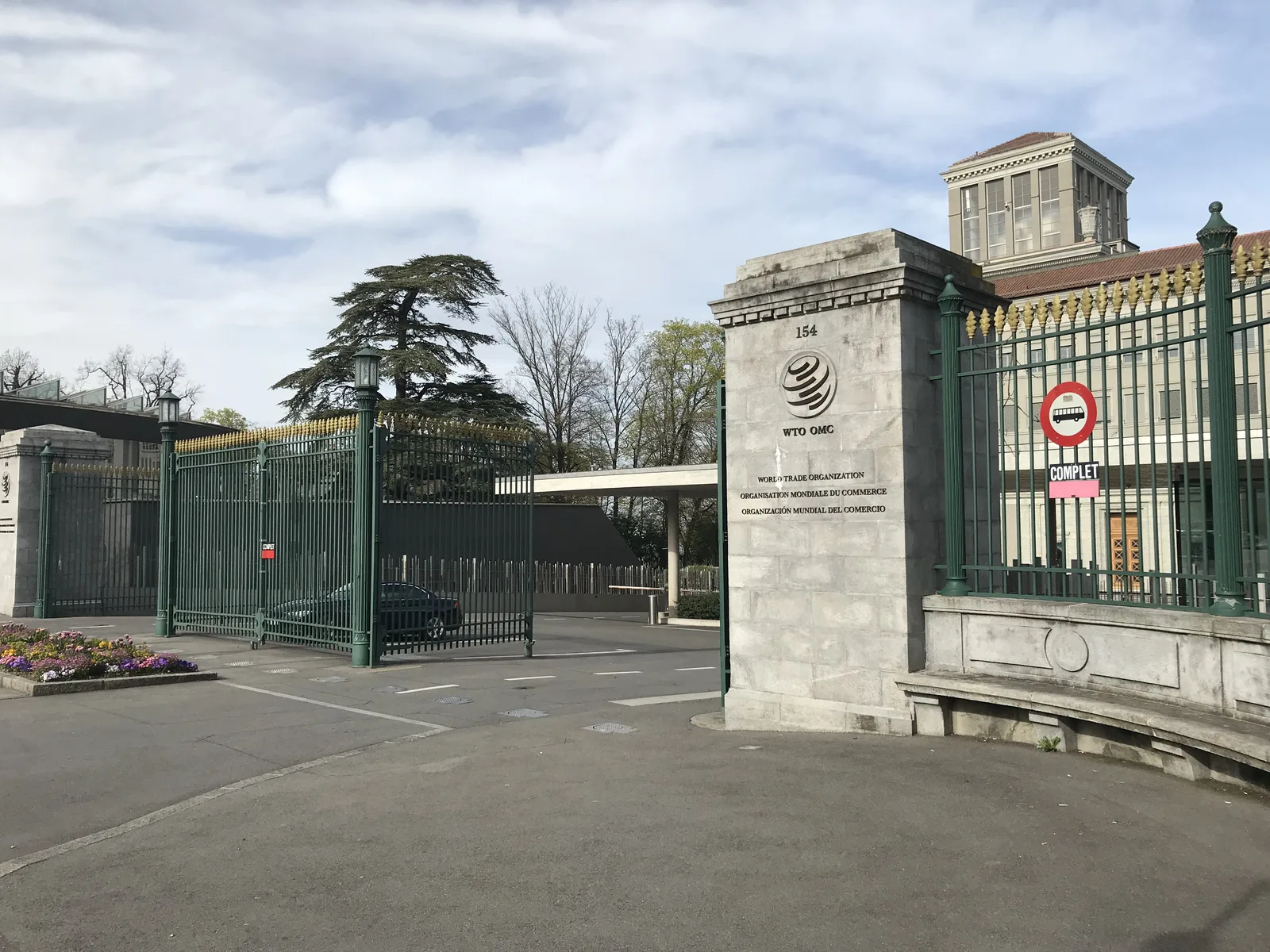 Entrance to the World Trade Organization headquarters at the Centre William Rappard in Geneva