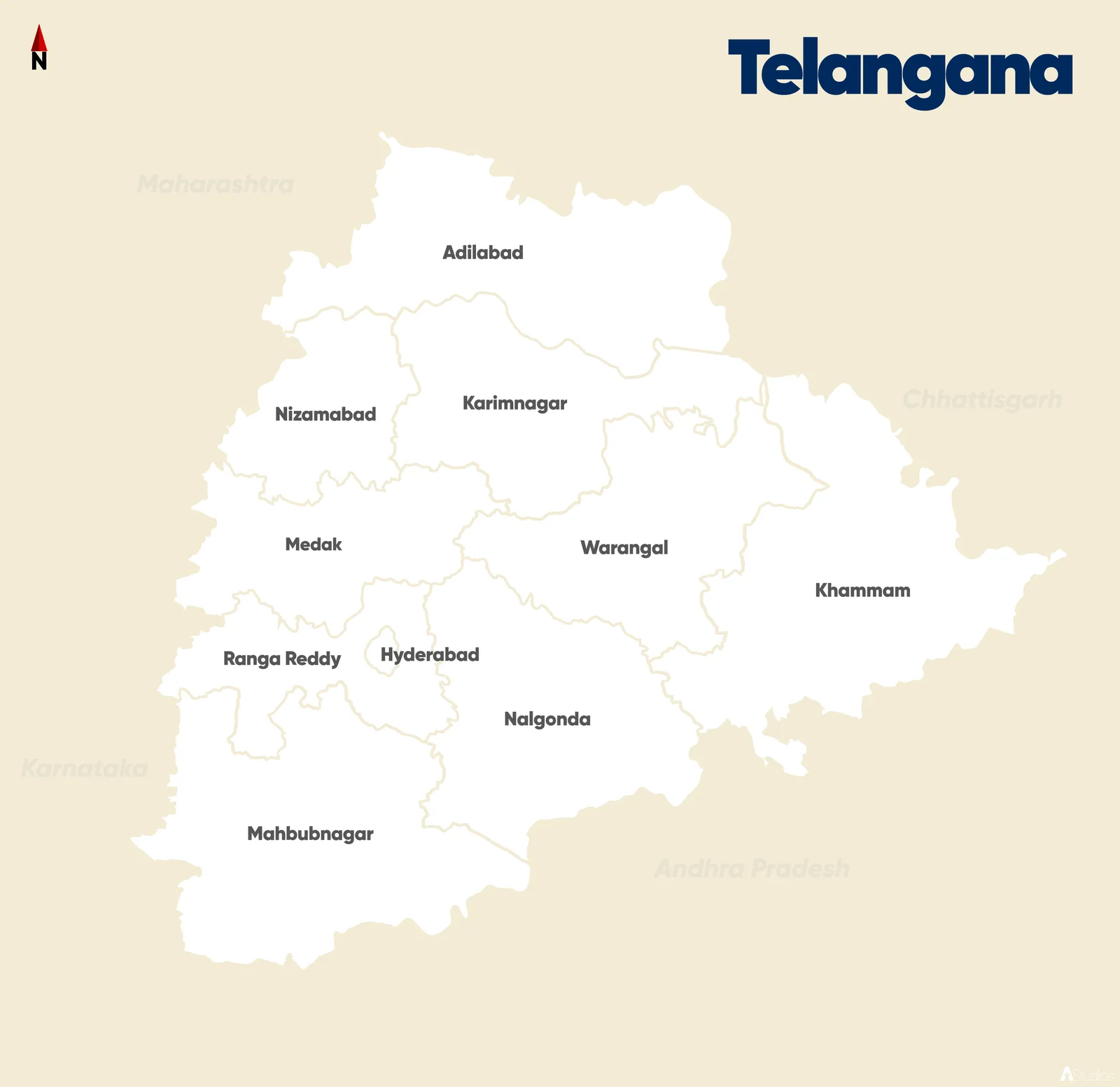 Map of Telangana at the time of state formation on 2 June 2014
