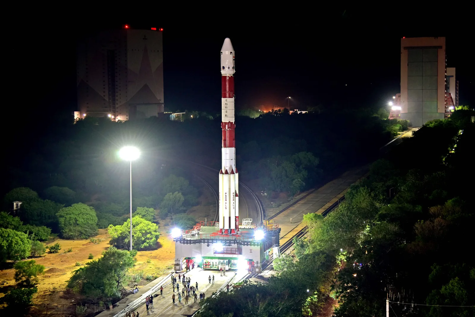 PSLV-C57 carrying Aditya-L1 being transferred toward the launch pad before the September 2023 launch