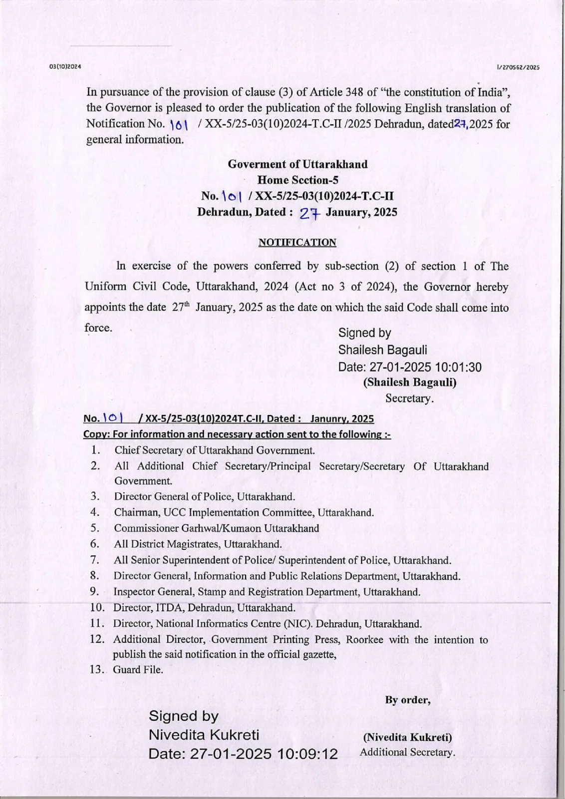 Government of Uttarakhand notification dated 27 January 2025 bringing the Uniform Civil Code, Uttarakhand, 2024 into force