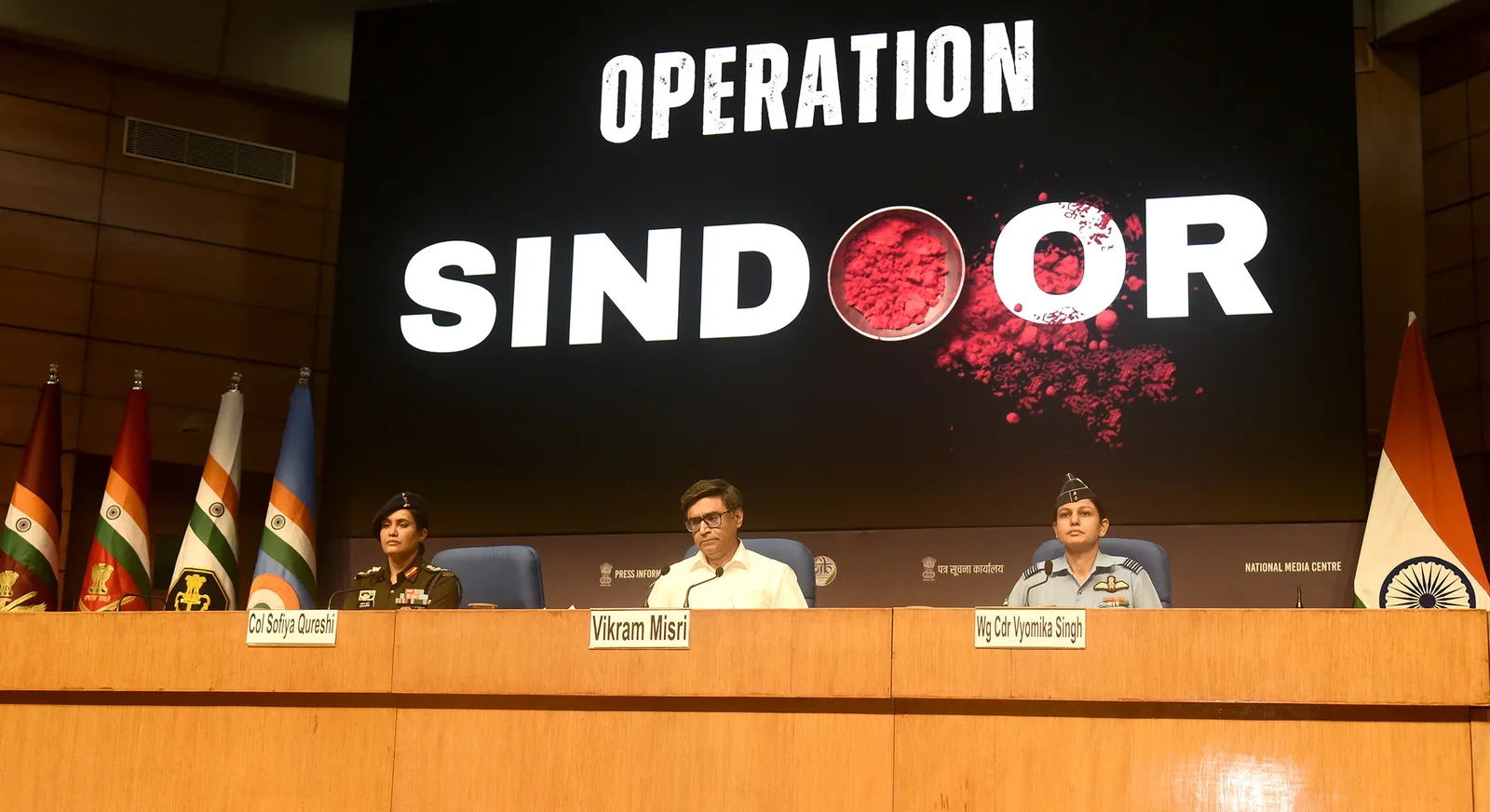 Vikram Misri, Colonel Sofiya Qureshi and Wing Commander Vyomika Singh at the Operation Sindoor media briefing in New Delhi on 7 May 2025