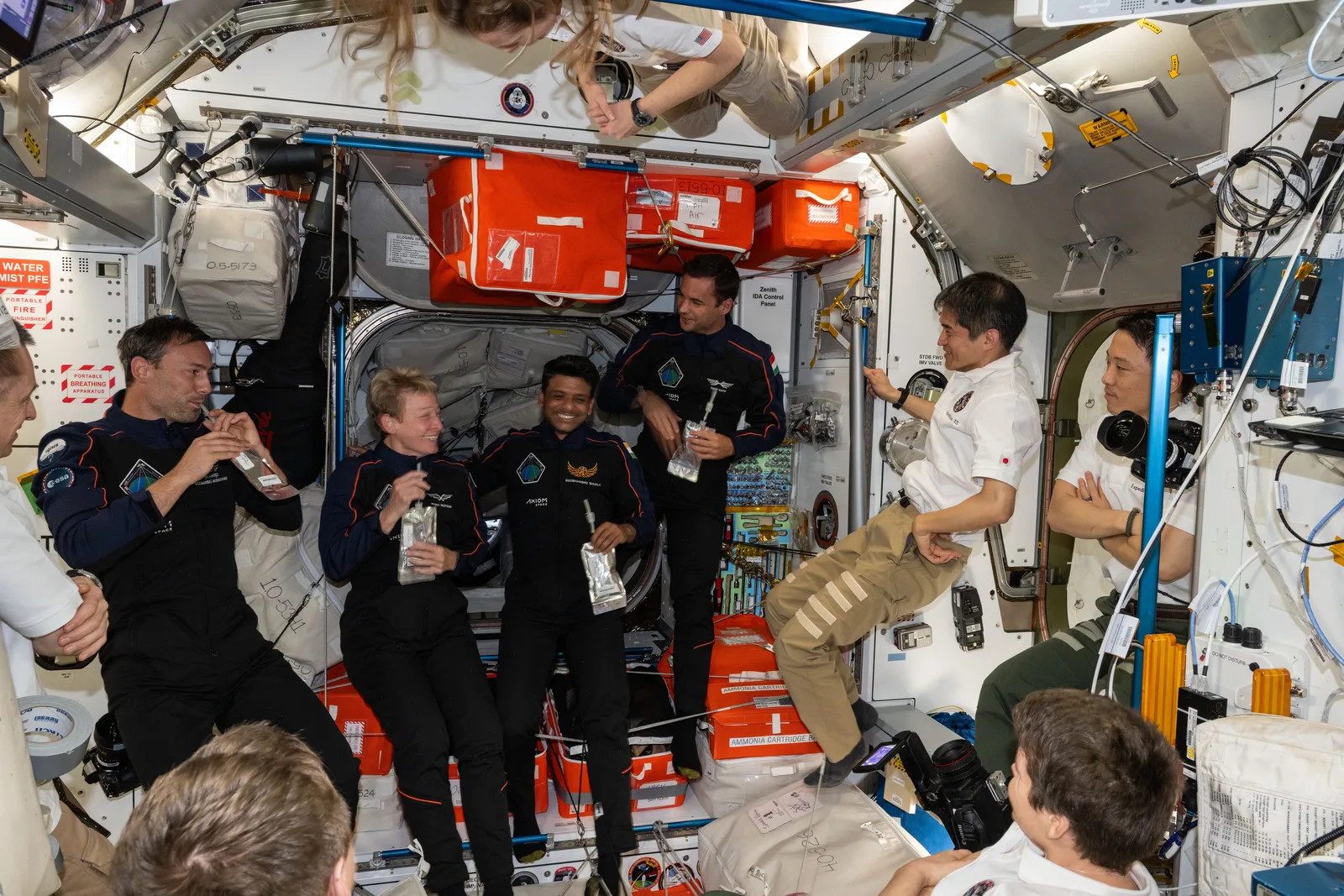 Axiom Mission 4 crew inside the International Space Station shortly after docking on 26 June 2025, including Shubhanshu Shukla
