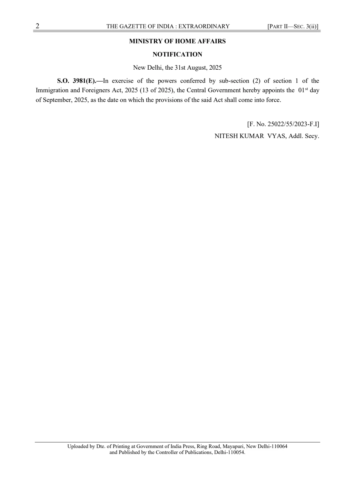 Gazette notification dated 31 August 2025 bringing the Immigration and Foreigners Act, 2025 into force on 1 September 2025