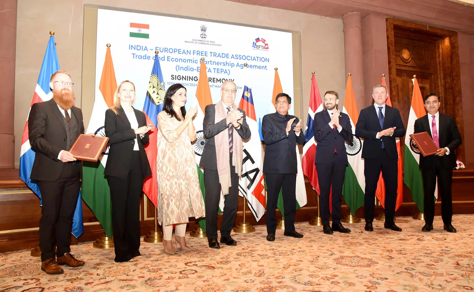 India and EFTA representatives at the Trade and Economic Partnership Agreement signing ceremony at Bharat Mandapam, New Delhi, on 10 March 2024