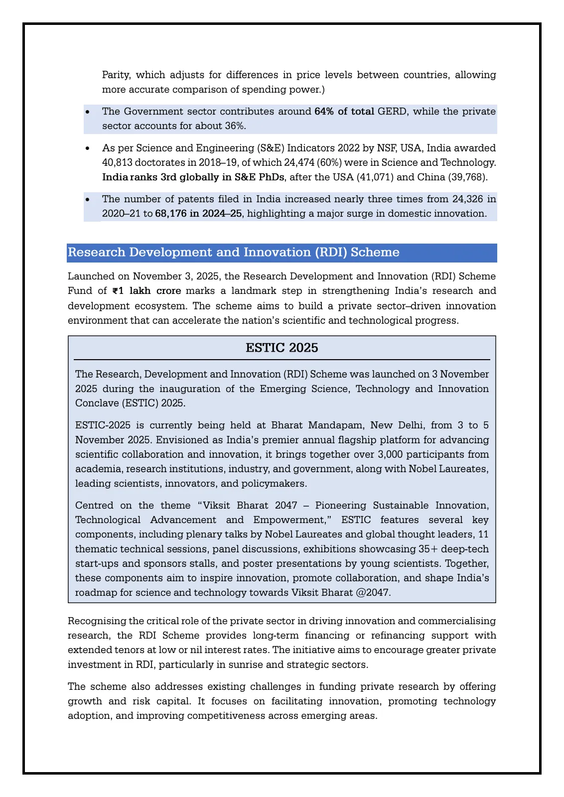 PIB backgrounder page describing the ₹1 lakh crore Research Development and Innovation Scheme launched on 3 November 2025 at ESTIC 2025