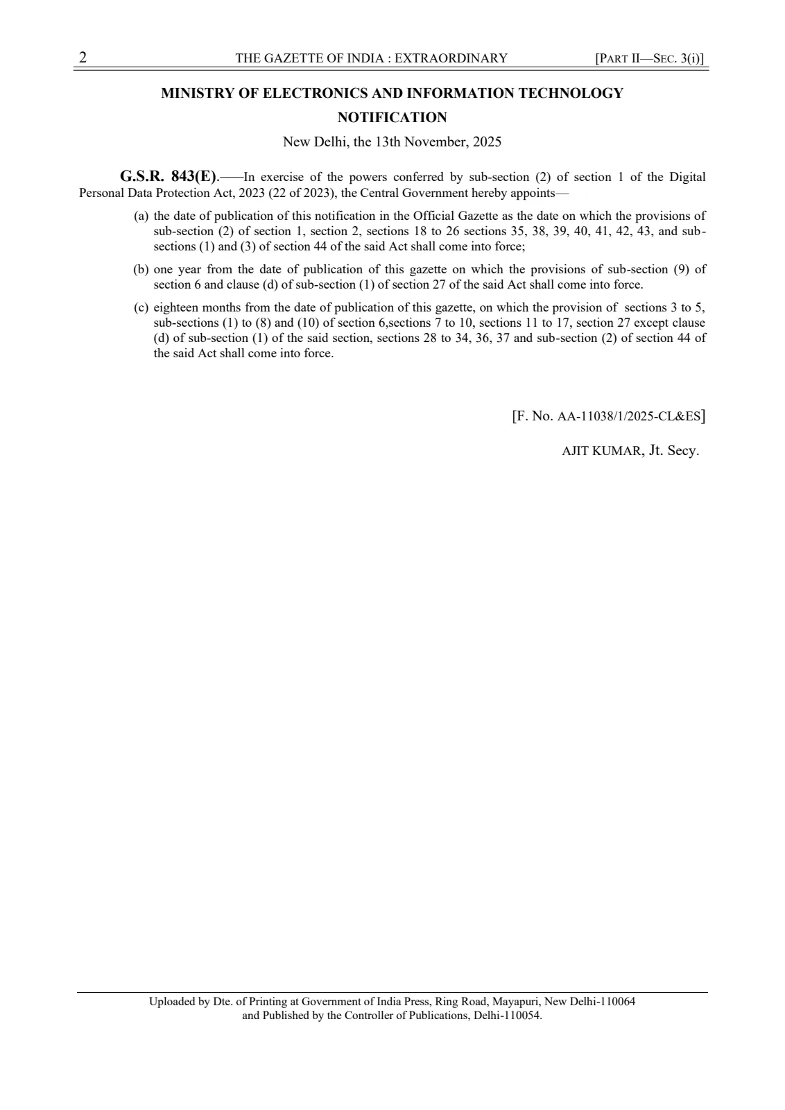 Gazette notification setting the phased commencement schedule for the Digital Personal Data Protection Act, 2023 in November 2025