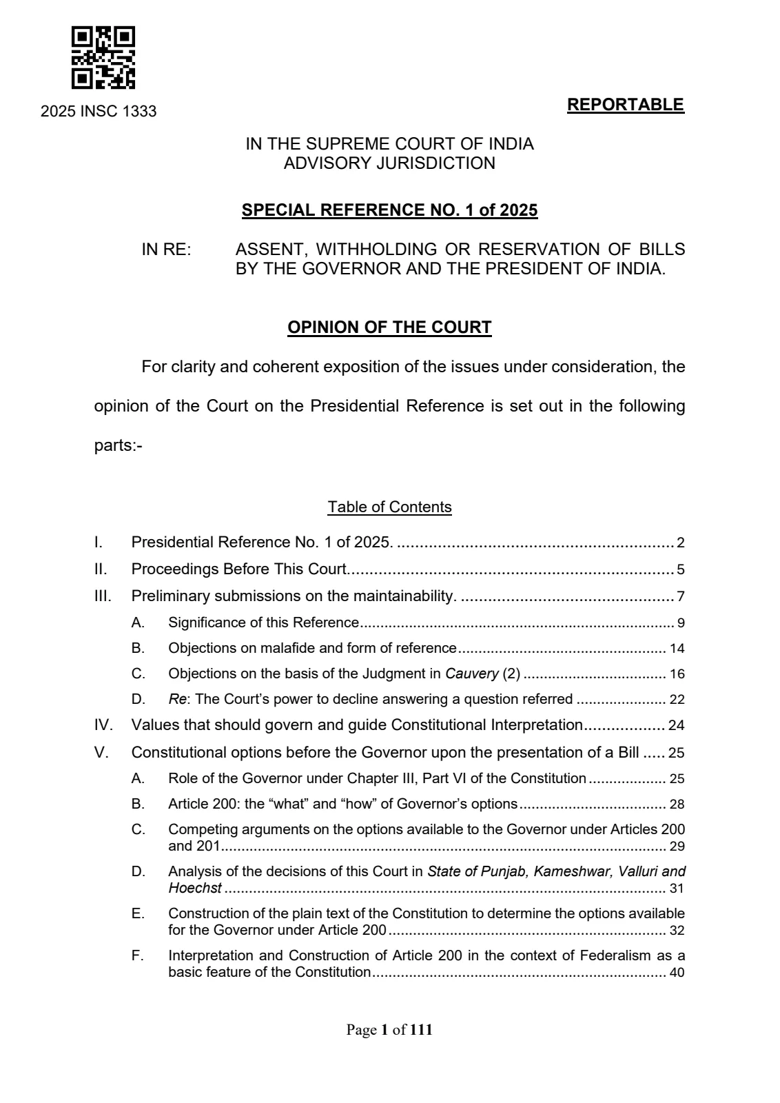 First page of the Supreme Court's 20 November 2025 advisory opinion in Special Reference No. 1 of 2025 on assent, withholding or reservation of State Bills