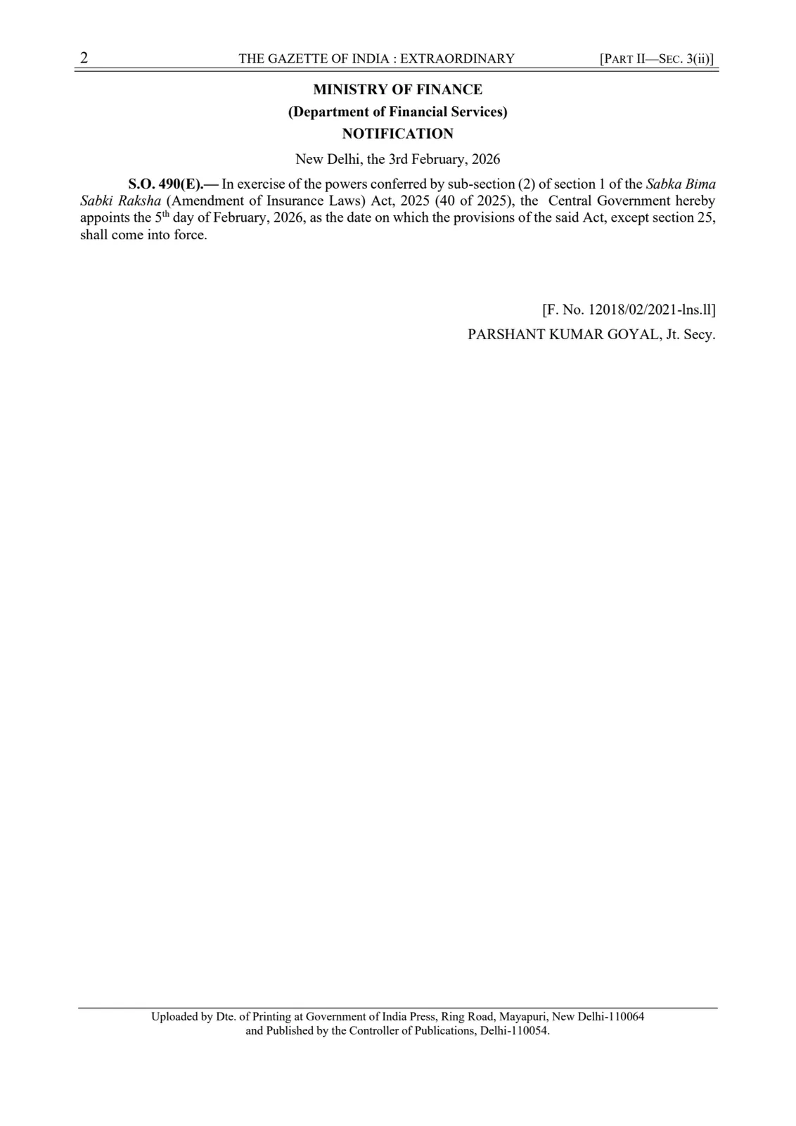 Gazette notification S.O. 490(E) appointing 5 February 2026 as the commencement date for most provisions of the Sabka Bima Sabki Raksha insurance-law reforms