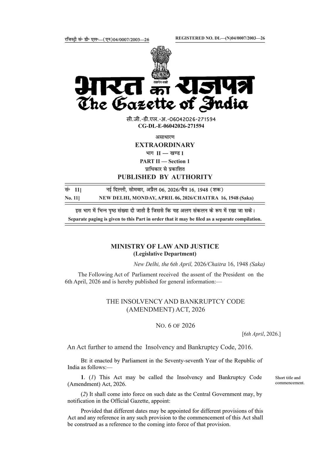 First Gazette page of the Insolvency and Bankruptcy Code (Amendment) Act, 2026
