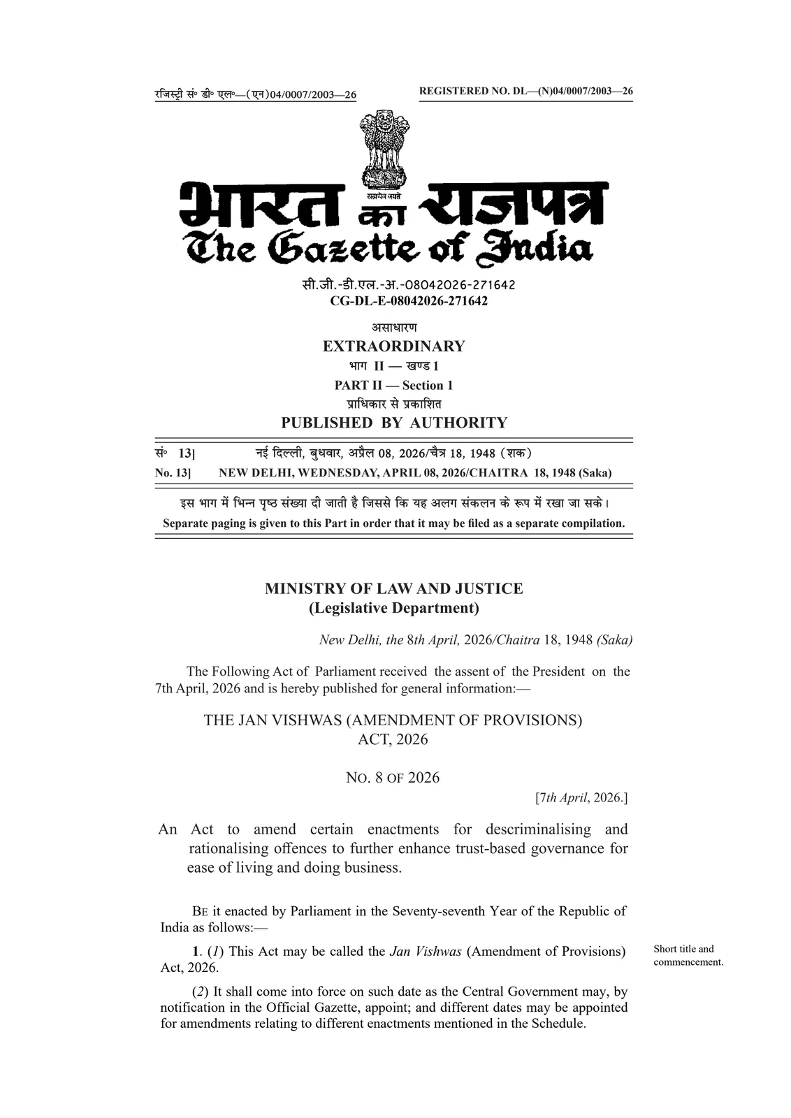 First Gazette page of the Jan Vishwas (Amendment of Provisions) Act, 2026