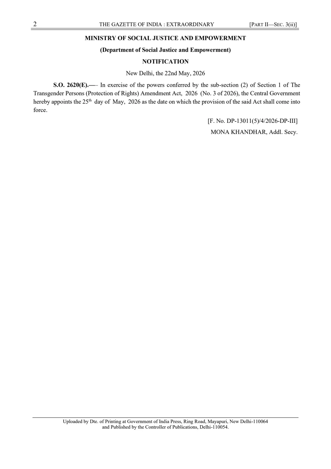 Gazette notification S.O. 2620(E) appointing 25 May 2026 as the commencement date of the Transgender Persons Amendment Act, 2026