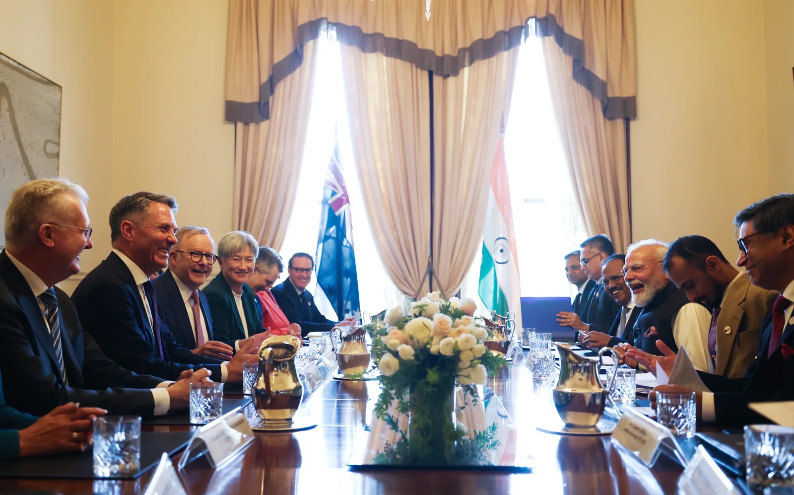 Indian and Australian delegations hold talks in Melbourne during the 9 July 2026 summit at which the civil-nuclear administrative arrangement was finalised