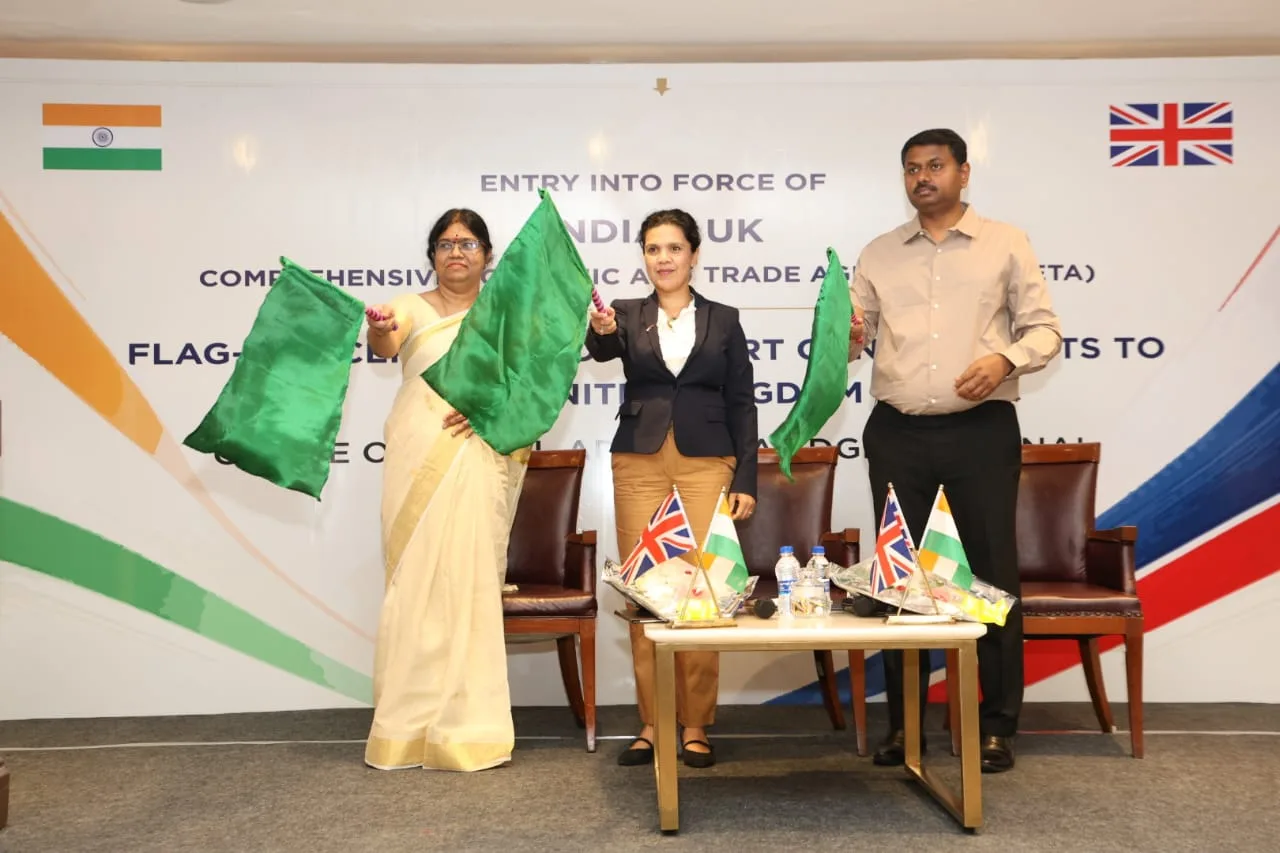 Officials flag off the first commercial export consignments from Chennai under the India–UK CETA on 15 July 2026