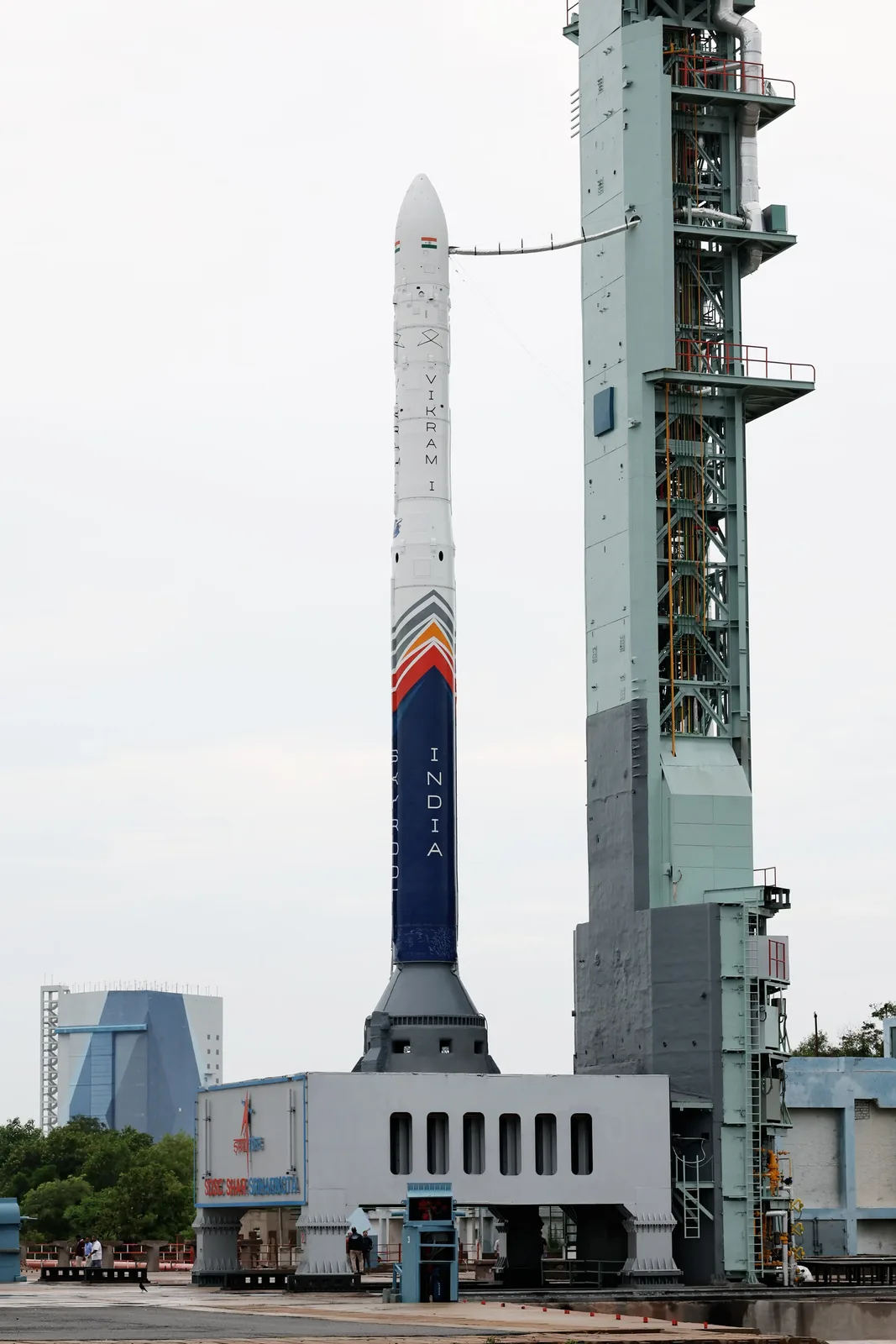 Skyroot Aerospace’s Vikram-I orbital launch vehicle on the launch pad at Satish Dhawan Space Centre before its July 2026 mission