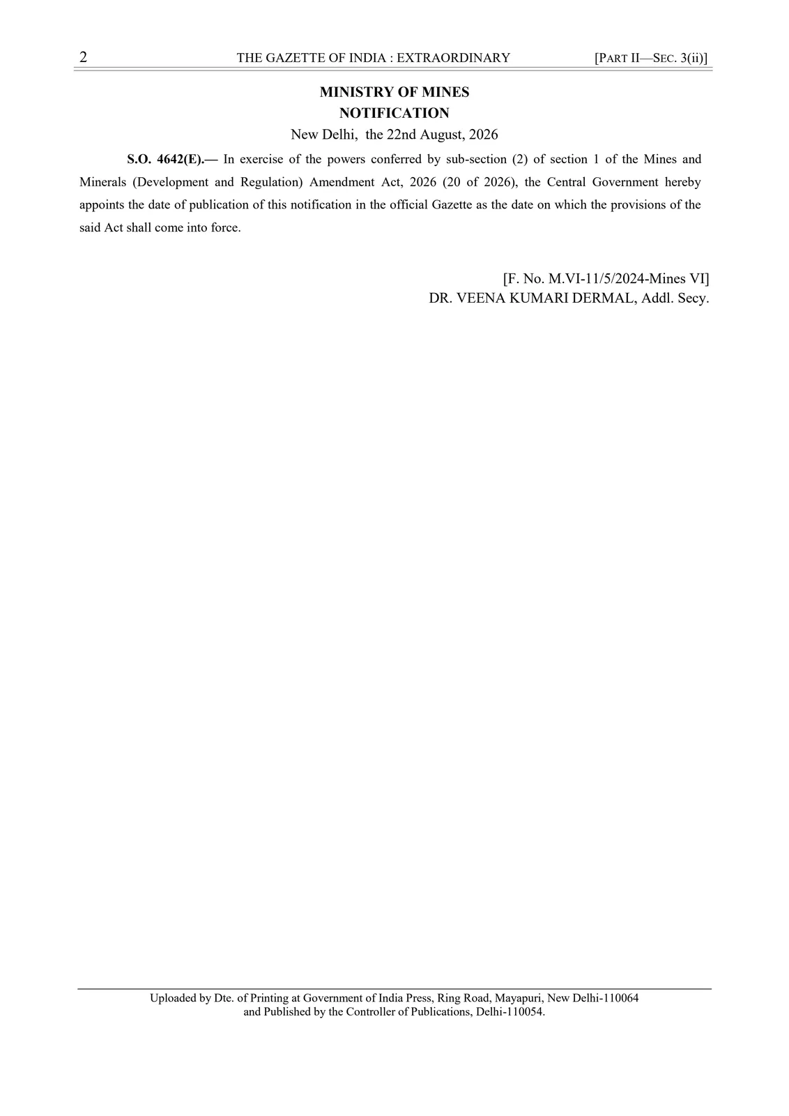 Gazette notification bringing the Mines and Minerals Development and Regulation Amendment Act, 2026 into force on 22 August 2026