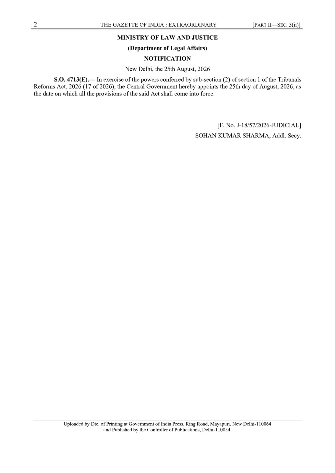 Gazette notification bringing all provisions of the Tribunals Reforms Act, 2026 into force on 25 August 2026