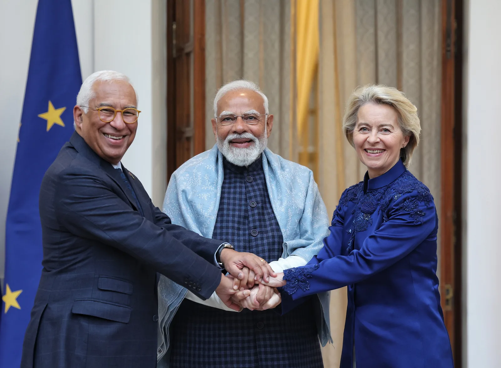 Prime Minister Narendra Modi with European Council President António Costa and European Commission President Ursula von der Leyen at Hyderabad House on 27 January 2026