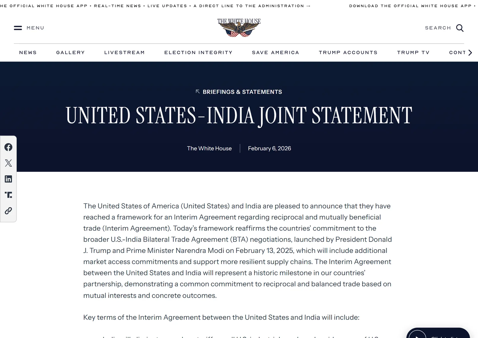 Official United States–India joint statement announcing the framework for an Interim Trade Agreement in February 2026