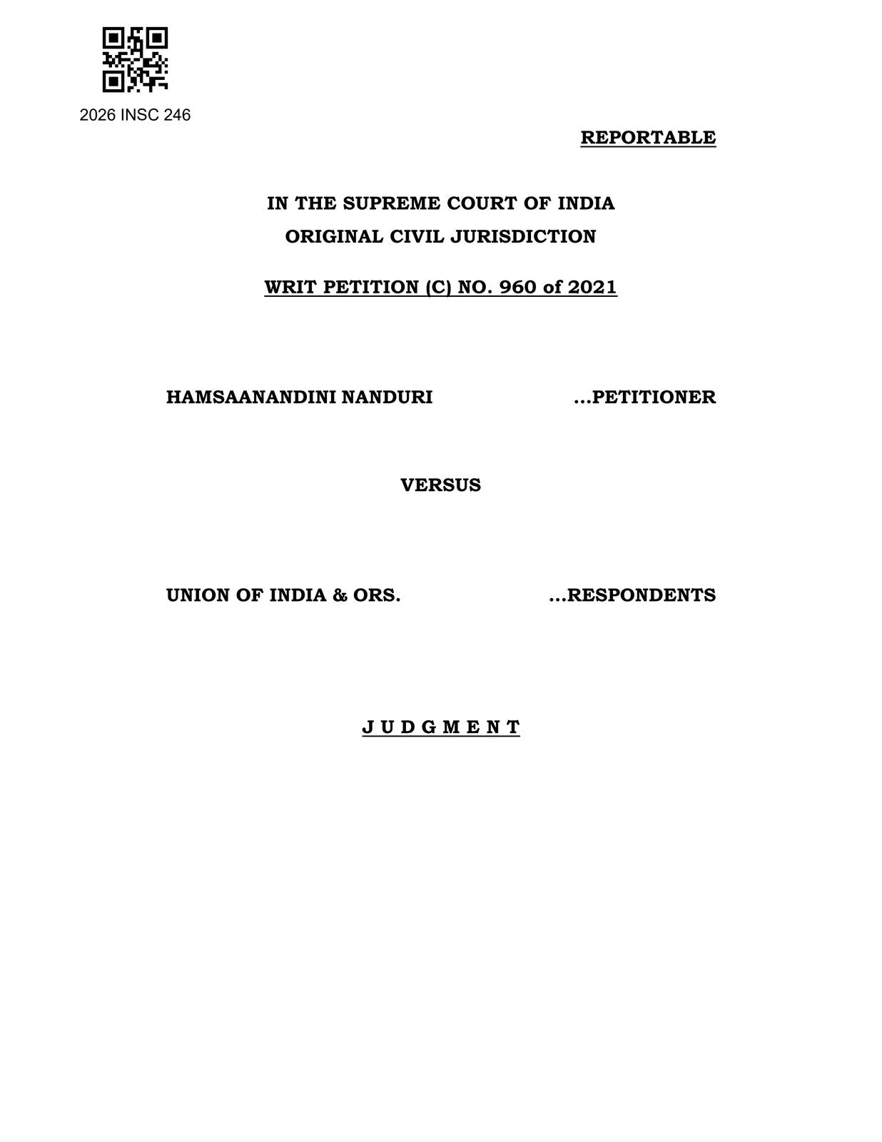 First page of the Supreme Court judgment in Hamsaanandini Nanduri v. Union of India, 2026 INSC 246