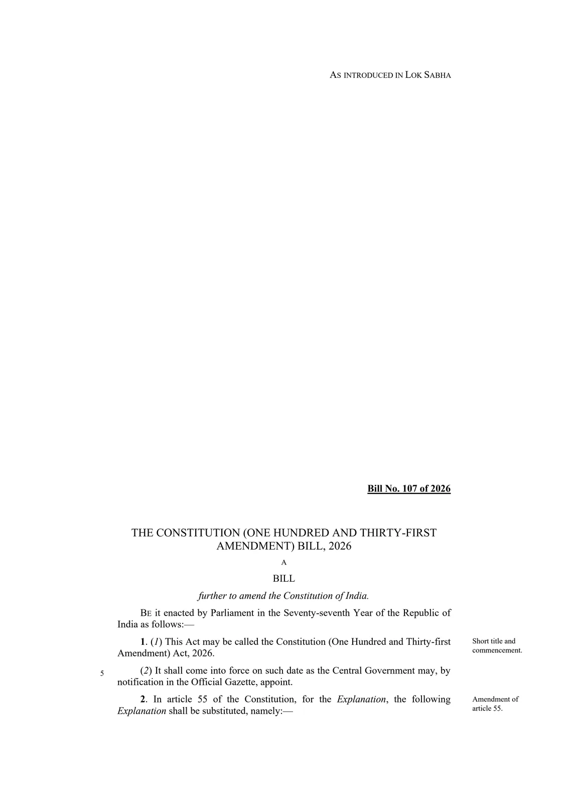 First page of the Constitution (One Hundred and Thirty-First Amendment) Bill, 2026, later voted down in the Lok Sabha