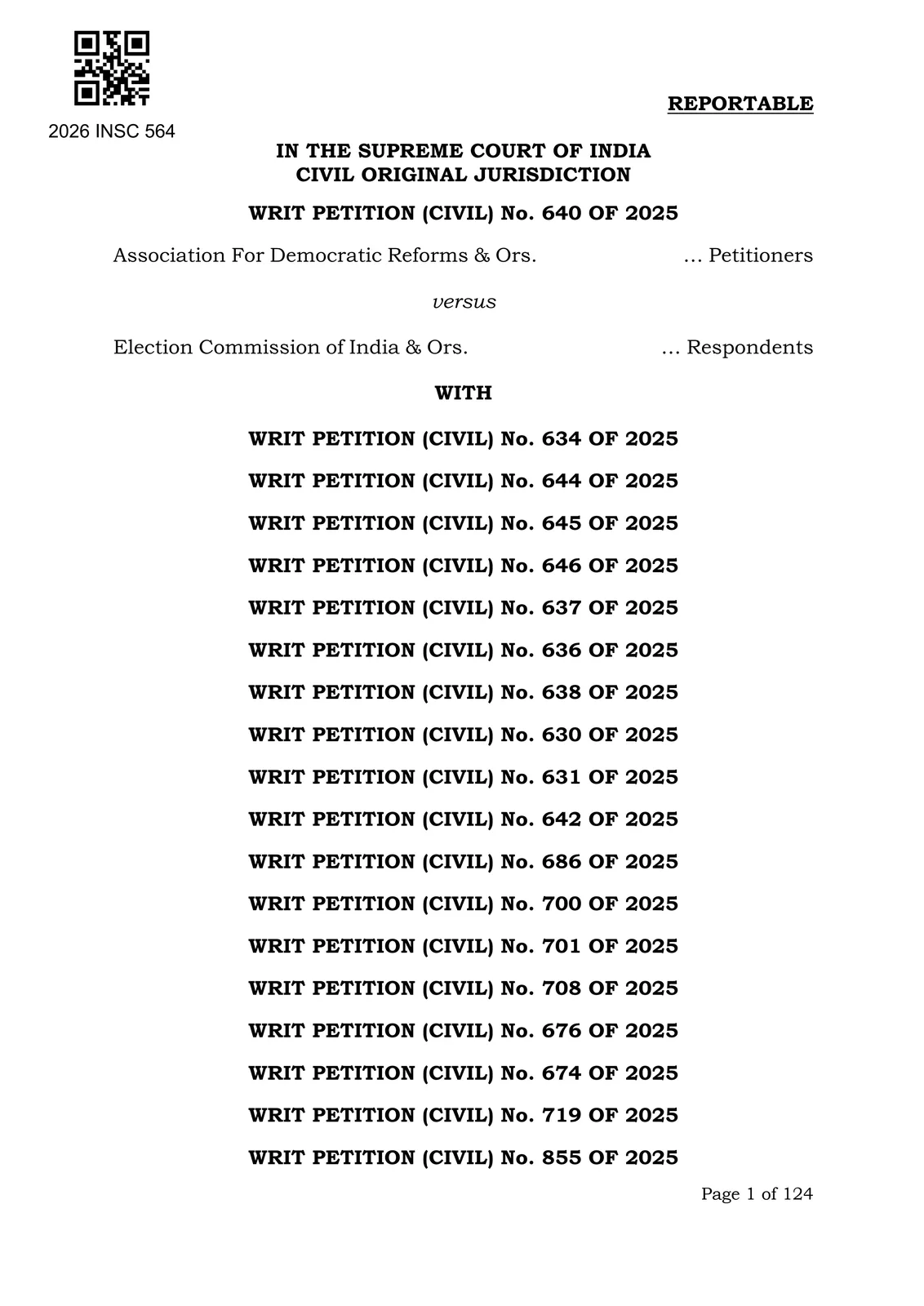 First page of the Supreme Court judgment in Association for Democratic Reforms v. Election Commission of India, 2026 INSC 564