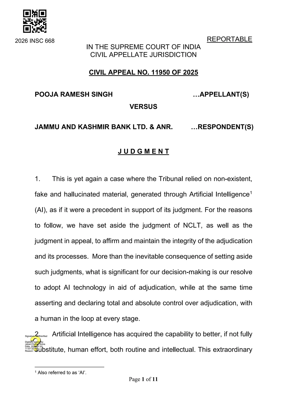 First page of the Supreme Court judgment in Pooja Ramesh Singh v. Jammu and Kashmir Bank Ltd., 2026 INSC 668