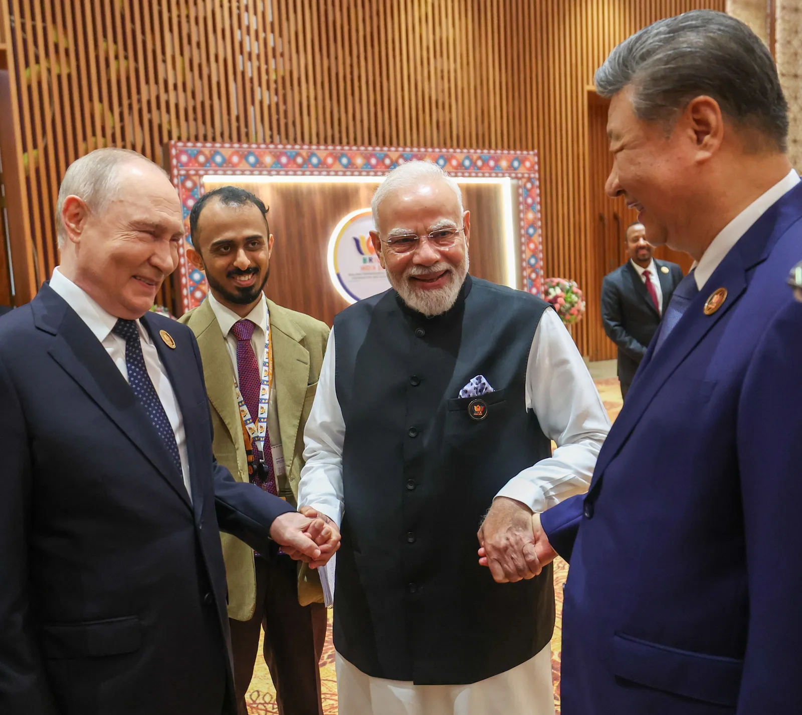Narendra Modi with Vladimir Putin and Xi Jinping at the 18th BRICS Summit at Bharat Mandapam on 12 September 2026