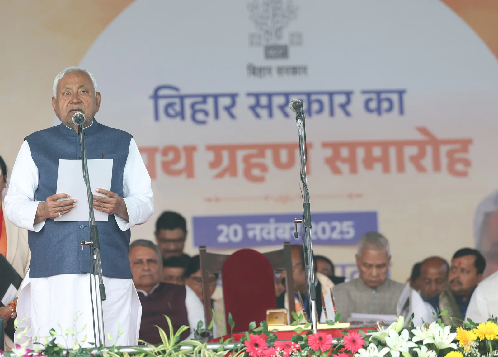 Nitish Kumar takes the oath of office as Bihar chief minister at Gandhi Maidan, Patna, on 20 November 2025