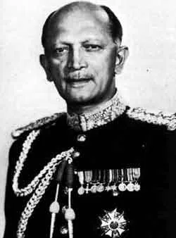 K. M. Cariappa takes command of the Indian Army: A portrait of K. M. Cariappa; not necessarily a photograph of the 1949 transfer-of-command ceremony.