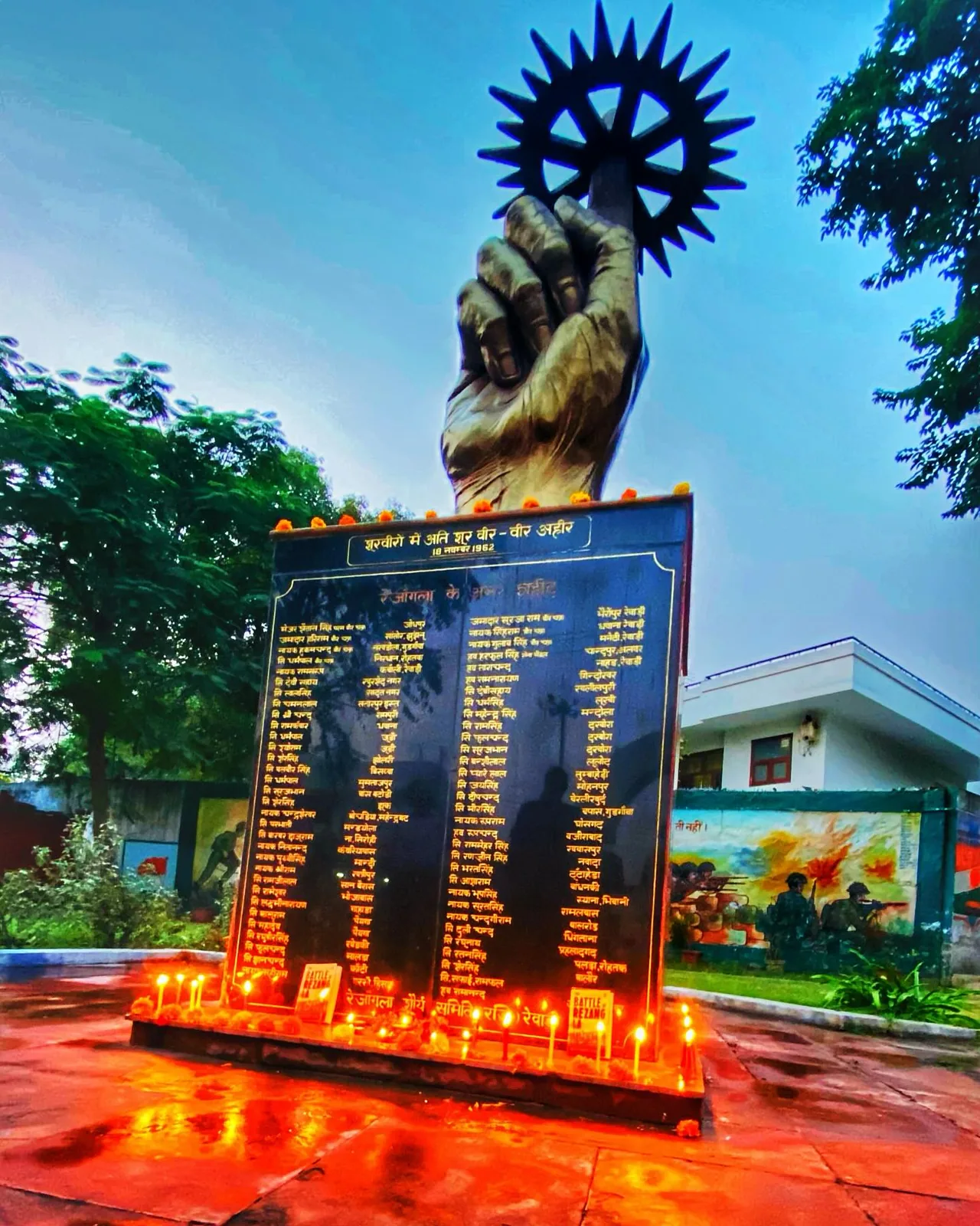 A search party finally reached the Rezang La position after the 1962 war: Photograph from January 2024 of the Rezang La Memorial at Rewari, commemorating those who died in the 1962 battle. It is not a photograph of the March 1963 search party or the battle.