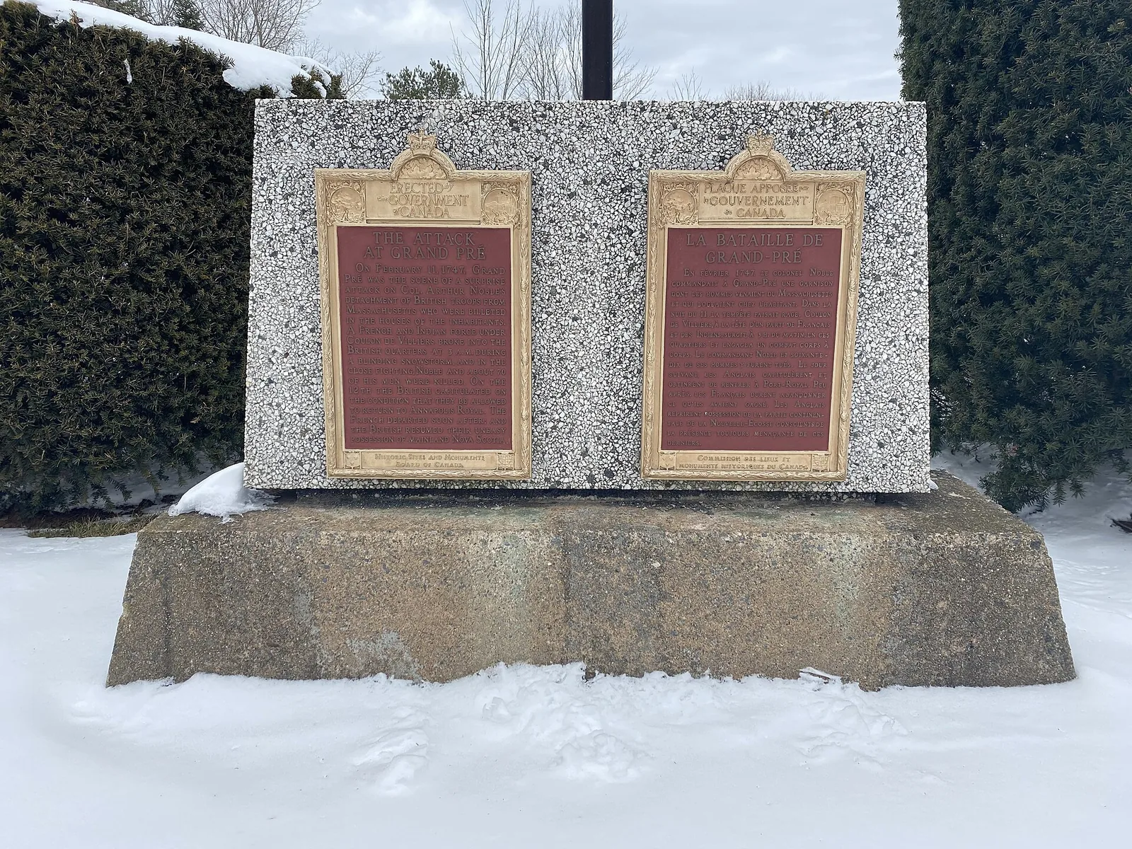 A combined French and Indian force, commanded by Captain Nicholas Antoine Coulon de Villiers,…: February 2021 photograph of the Attack at Grand-Pré memorial plaque in Nova Scotia, Canada commemorating the 1747 Battle of Grand Pré. The 'Indian' allies in the event title refer to North American Indigenous peoples, not people from India; this historical event appears incorrectly in an India-focused timeline and needs an editorial scope audit. The photograph is NOT the battle itself.