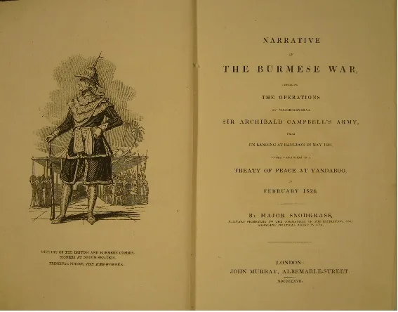 The Treaty of Yandabo was signed, ending the First Anglo-Burmese War and reshaping Assam: 1827 illustrated frontispiece depicting British and Burmese commissioners associated with the First Anglo-Burmese War and peace settlement; not an original signed treaty page.